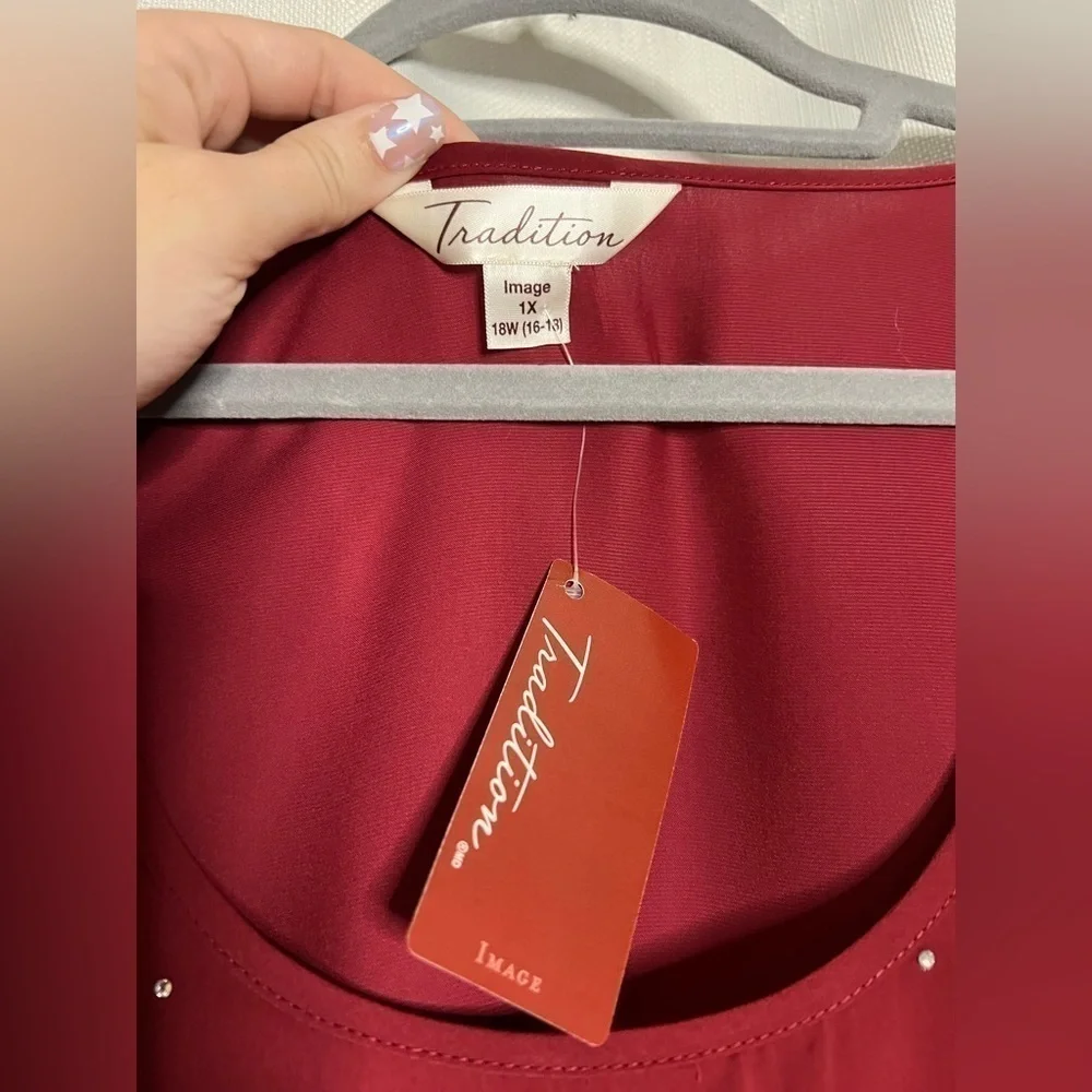 Tradition Burgundy Red Satin Rhinestone Top 1X - Picture 3 of 8